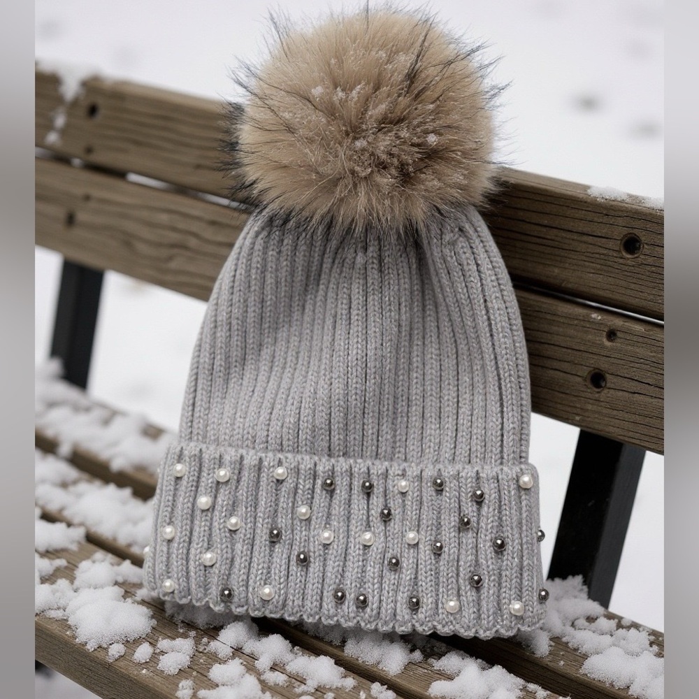 Grey Wool Knit Beanie with Real Fox Pom Pom and Pearls